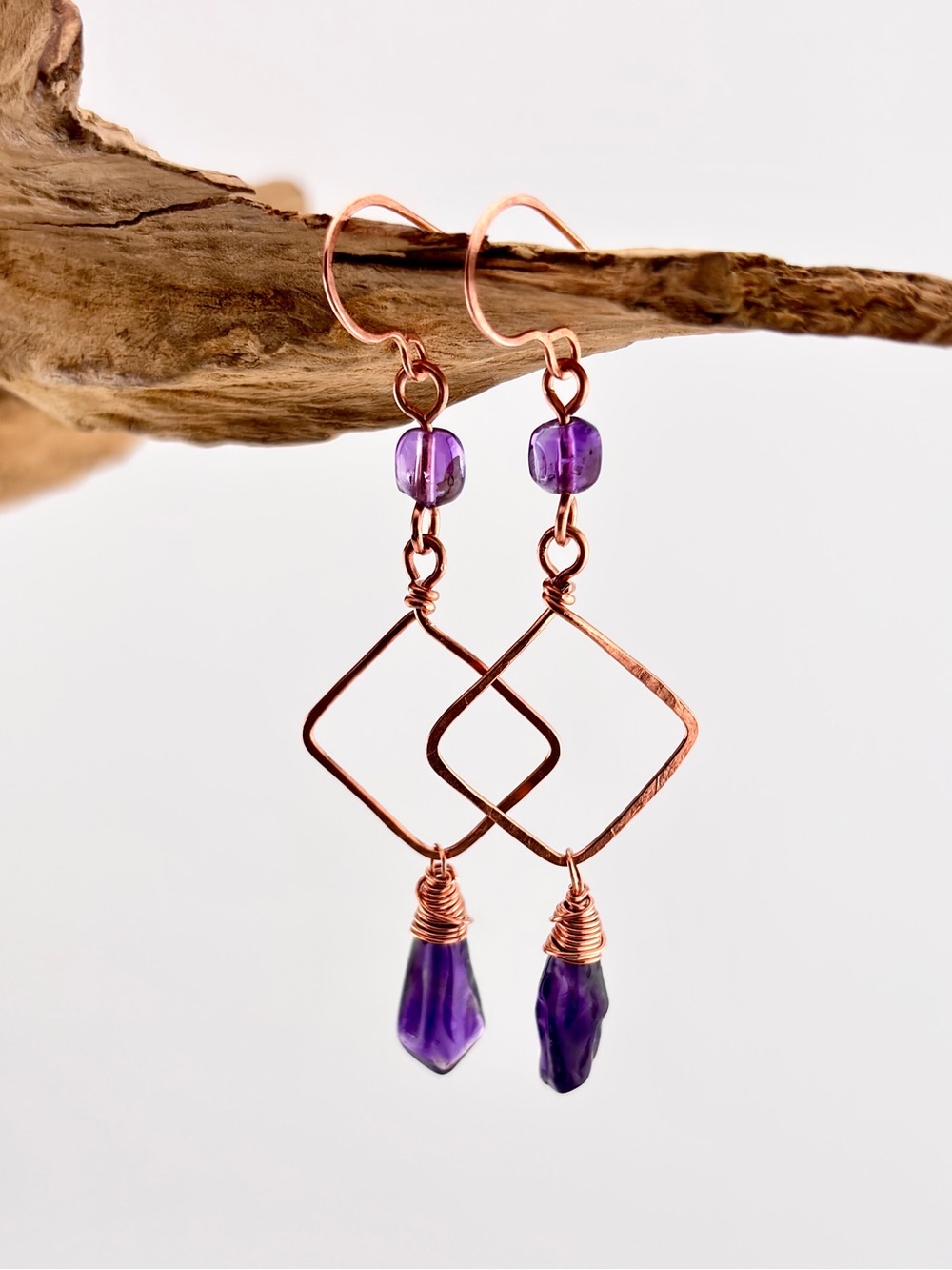 HANDMADE Amethyst Copper Wire Wrapped Dangle Earrings, Handmade Jewelry Gift